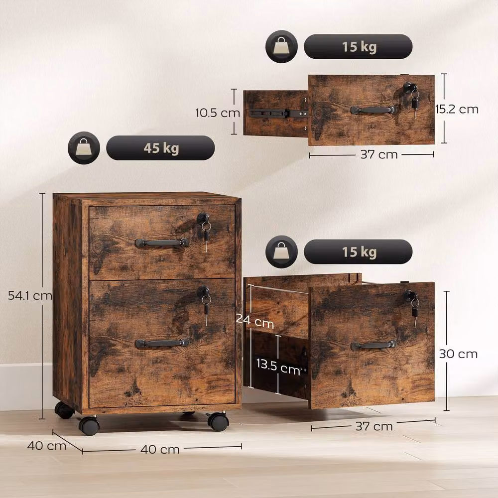 HOMCOM Roll File Cabinet with Drawer and Castors, Rustic Brown Organiser for Home or Office – 3