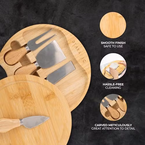 Dyanatic Round Bamboo Charcuterie and Cheese Board Set with Hidden Knife Compartment in Brown – 4
