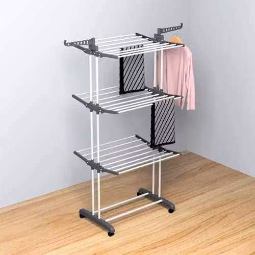 AMOS 4-Tier Foldable Clothes Drying Rack with Wheels and Shoe Rack, Grey – 2