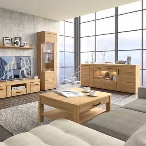 Furniture To Go Cortina Tall Glazed Display Cabinet in Brown Oak, H 195.0 x W 37.4 x D 48.7 cm