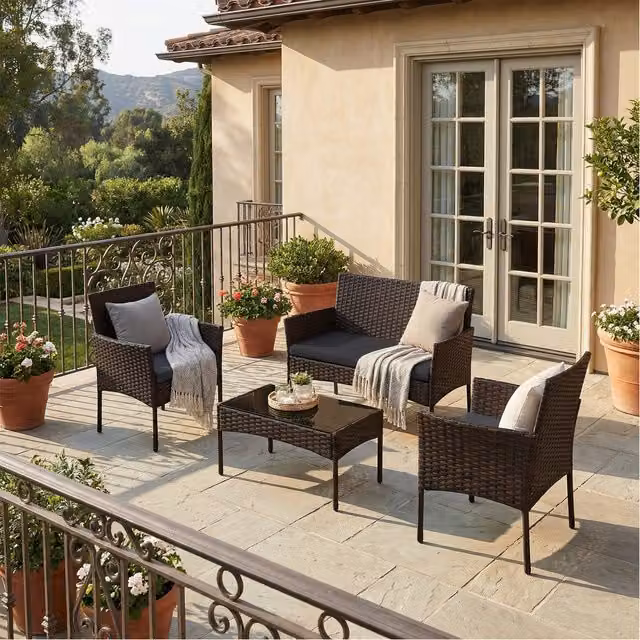 SONGMICS 4 Piece Modern Rattan and Metal Patio Set in Brown and Beige
