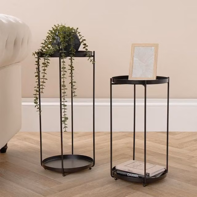 OHS Set of 2 Modern Round Matt Black Metal Nested Side Tables
