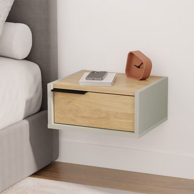 Decortie Floating Bedside Table with Drawer in Sandstone, Sonoma Oak and Ash Green