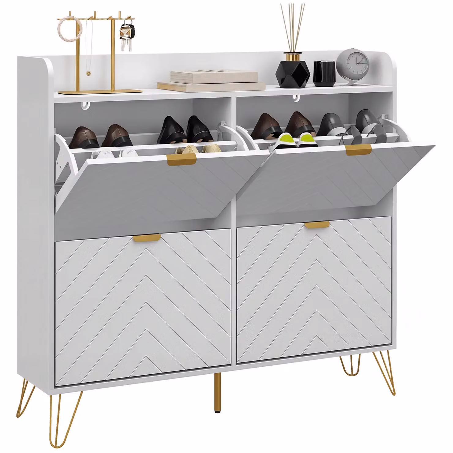 HOMCOM Slim White Shoe Cabinet with 4 Tilting Compartments and Internal Shelves – 2