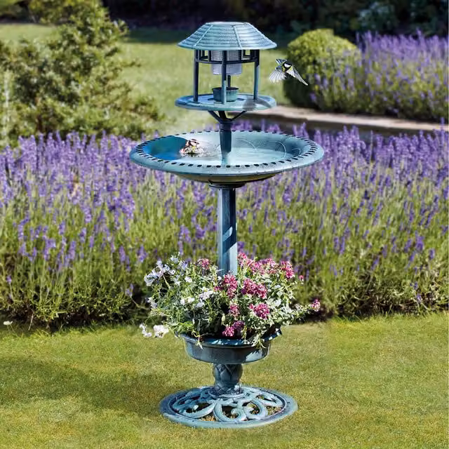 Happy Beaks Bird Hotel with Solar Light and Bird Bath, Green