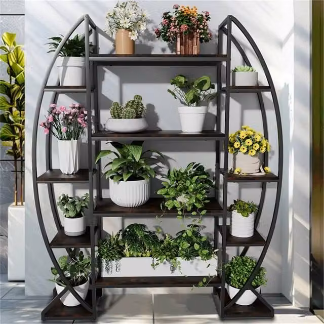 Nordara 8 Tier Large Curved Oval Plant Stand Staggered Flower Rack in Black – 1