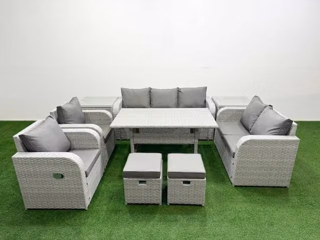 Fimous Grey PE Rattan Garden Furniture Set with Reclining Chairs, Double Love Seat, Rectangular Dining Table, 2 Stools and 2 Side Tables