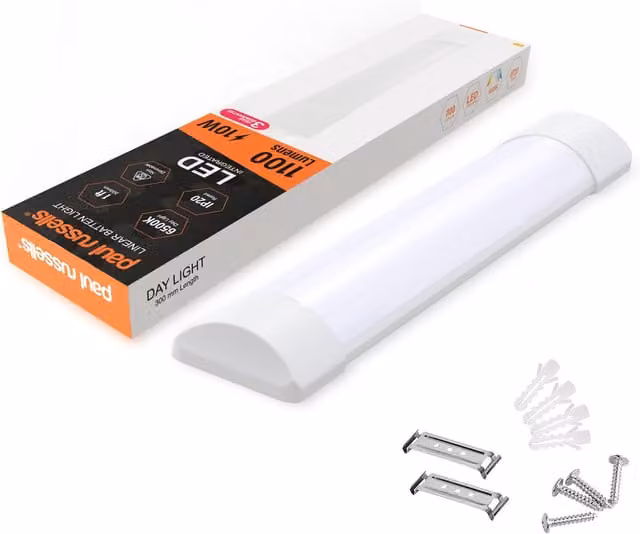 Paul Russells 1 Foot Slim LED Batten Light, 10W, 1100lm, 6500K Cool White, IP20, White