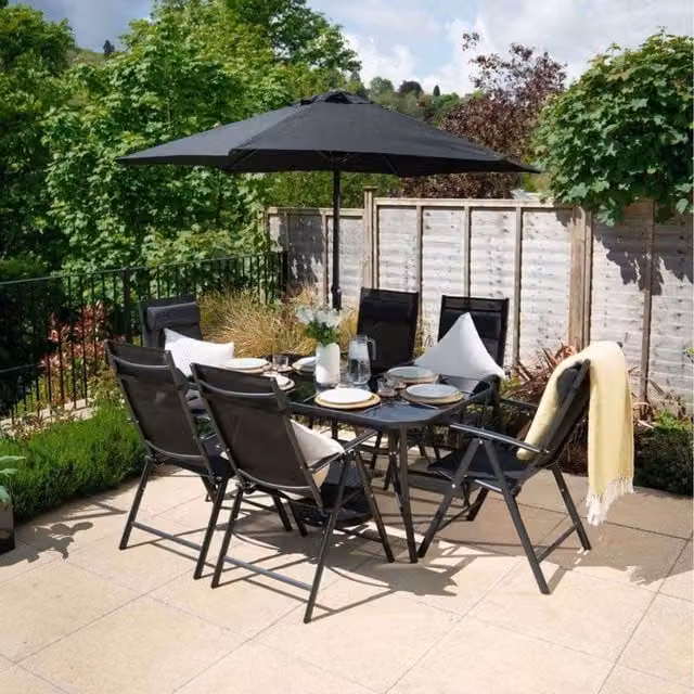 Hectare 6 Seat Modern Black Powder Coated Steel and Glass Rectangular Dining Set