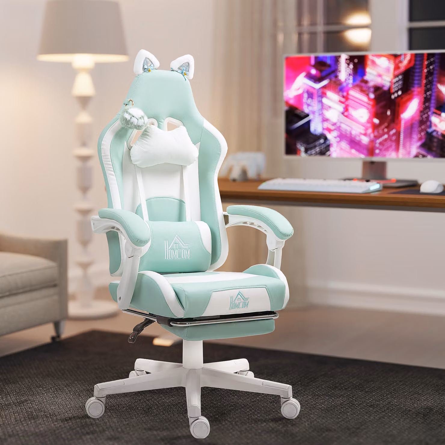 HOMCOM Cat Ear and Paw Reclining Gaming Office Chair with Footrest, Blue/White, W/D/H: 120 x 44 x 65 cm – 2
