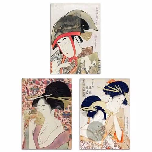 Artery8 Set of 3 Kitagawa Women Japanese Ukiyo-e Wall Art Prints, Pink, Blue and Multicolour, W/H: 21.0 x 29.7 cm