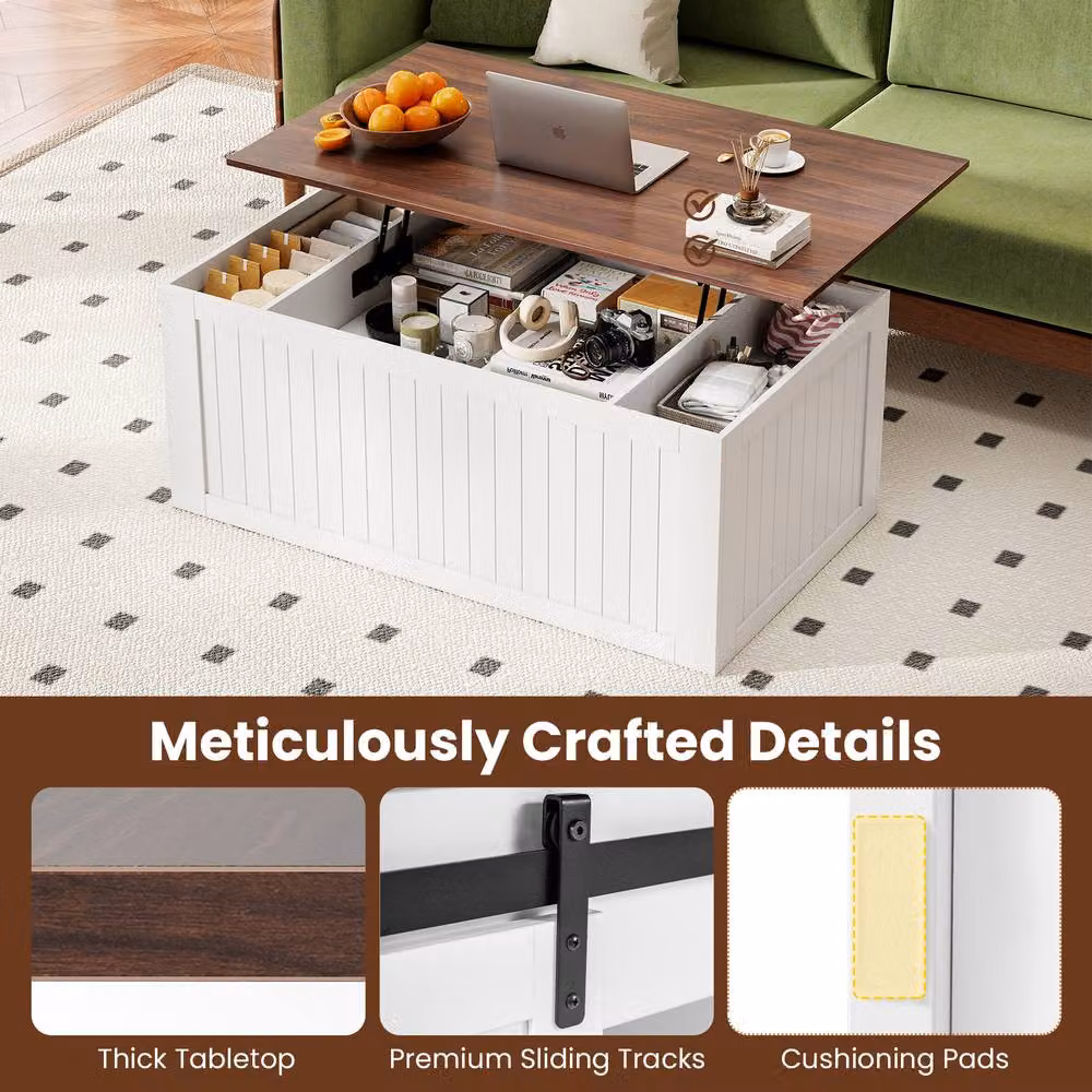 Costway White Farmhouse Lift Top Coffee Table with Storage Doors and Rustic Wood Finish, W: 120 cm, H: 48 cm – 5