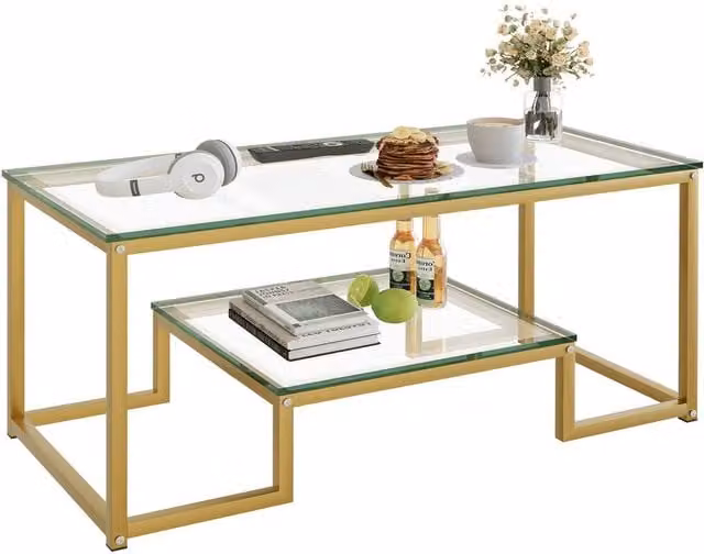 Huhote Modern Rectangular Glass Coffee Table with Gold Metal Frame – 1