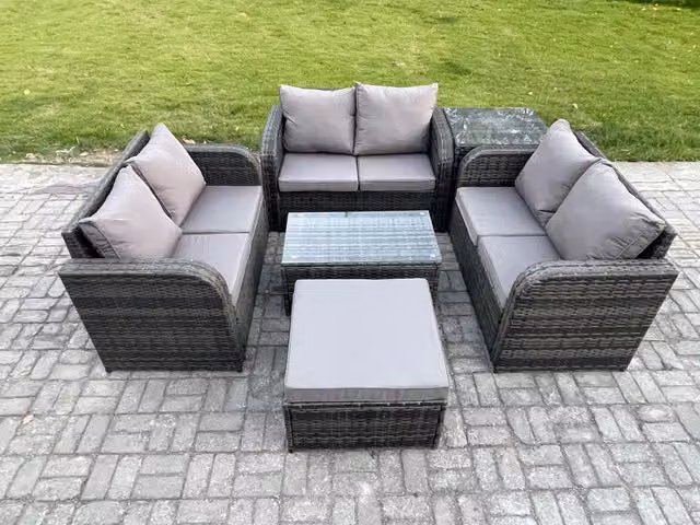 Fimous 7 Seater Grey Rattan Garden Furniture Set with U-Shape Sofa, Coffee Table and Ottoman