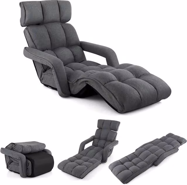 Costway Foldable Lazy Sofa Chaise Lounger in Grey with 6 Adjustable Positions and Metal Frame – 1