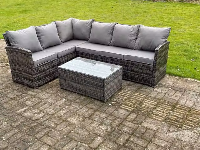 Fimous 6 Seater High Back Rattan Corner Sofa Set with Rectangular Coffee Table in Dark Grey
