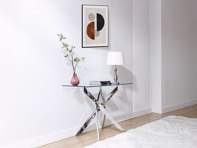 COSIMA Modern Rectangular Console Table in Transparent Glass and Silver Metal, W/D/H: 120 x 44.5 x 75 cm