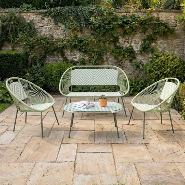 Outdoor Essentials Boho Green 4 Seater Outdoor Sofa Set with Coffee Table and Cushions