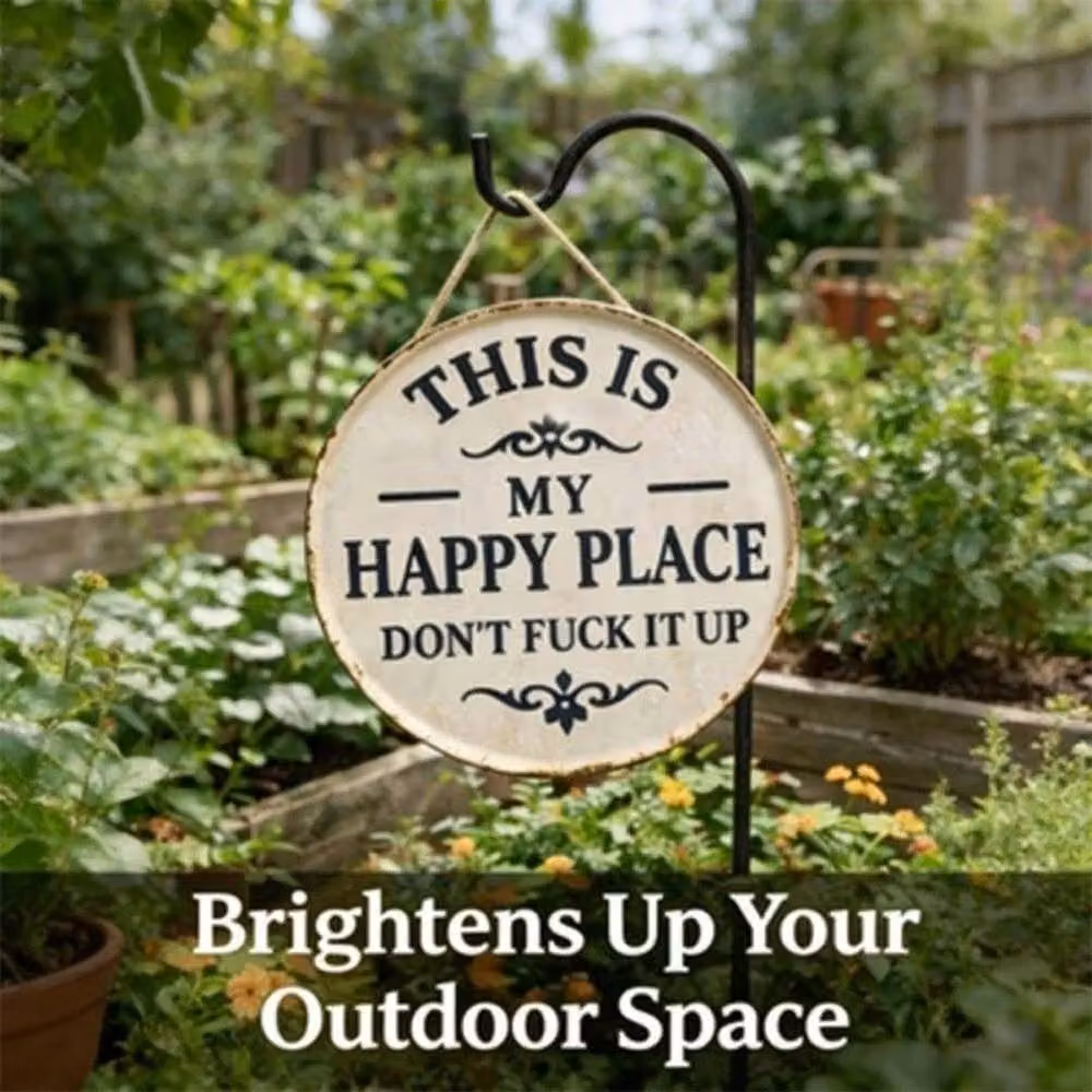FLAVORA Happy Place Welcome Garden Sign, Round Metal Wall Decor in White, Diameter: 20 cm – 5