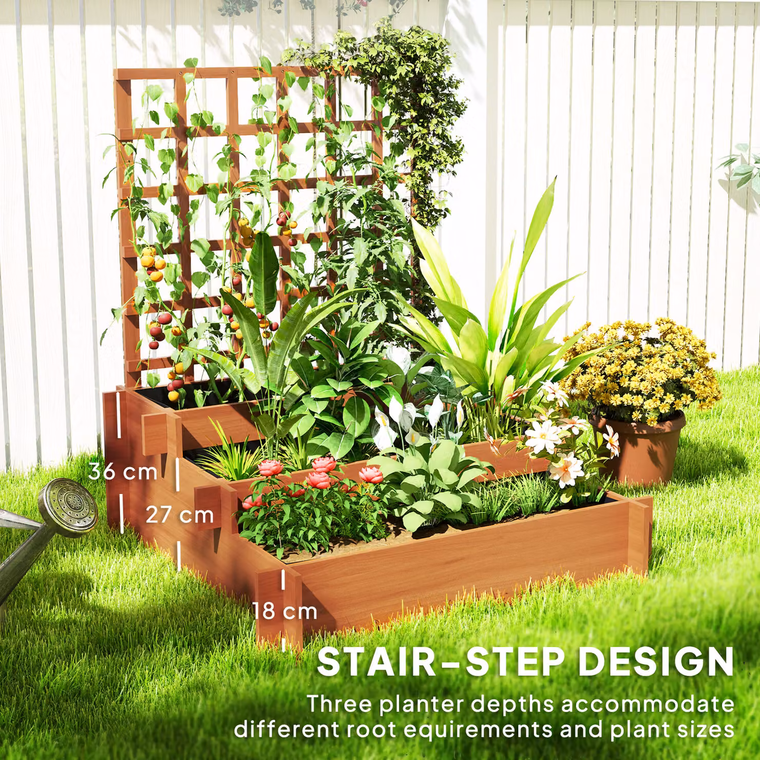 Outsunny 3 Tier Wooden Garden Planters with Trellis for Vine Climbing, Brown, W/D/H: 95 x 95 x 110 cm – 4