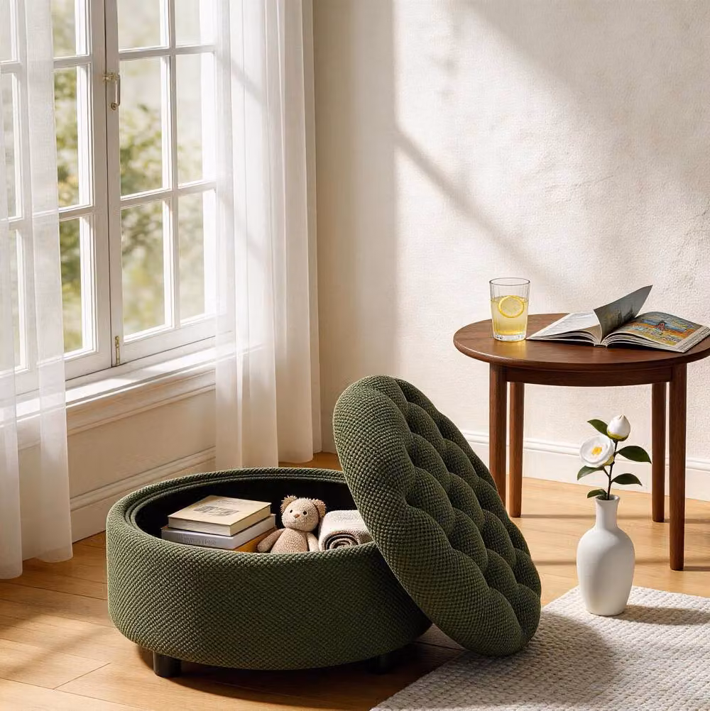 STILVORA Green Upholstered Storage Ottoman with Wooden Tray – 6