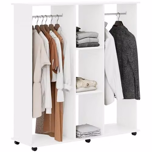 HOMCOM Double Mobile Open Wardrobe with Clothes Hanging Rails and Storage Shelves, White, W/D/H: 120 x 40 x 128 cm – 1