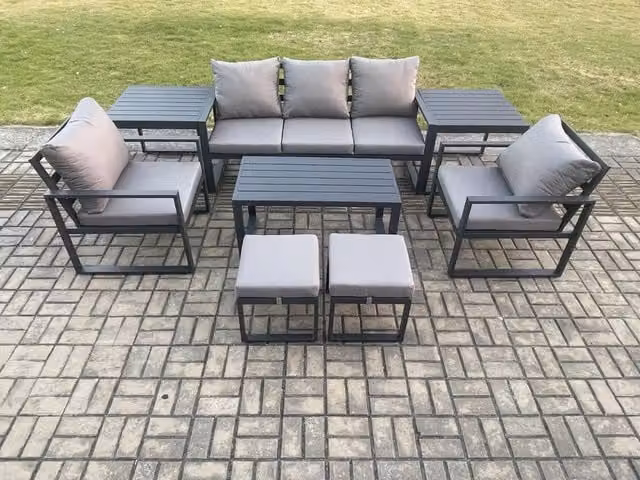 Fimous 8 Piece Aluminium Outdoor Garden Furniture Set in Dark Grey with Oblong Coffee Table, 2 Armchairs, 2 Side Tables and 2 Footstools