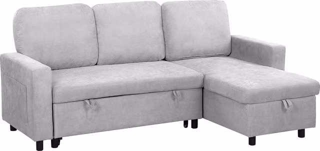 HOMCOM 4 Seater Pull Out Sofa Bed with Reversible Chaise, Storage and Side Pockets, Light Grey – 1