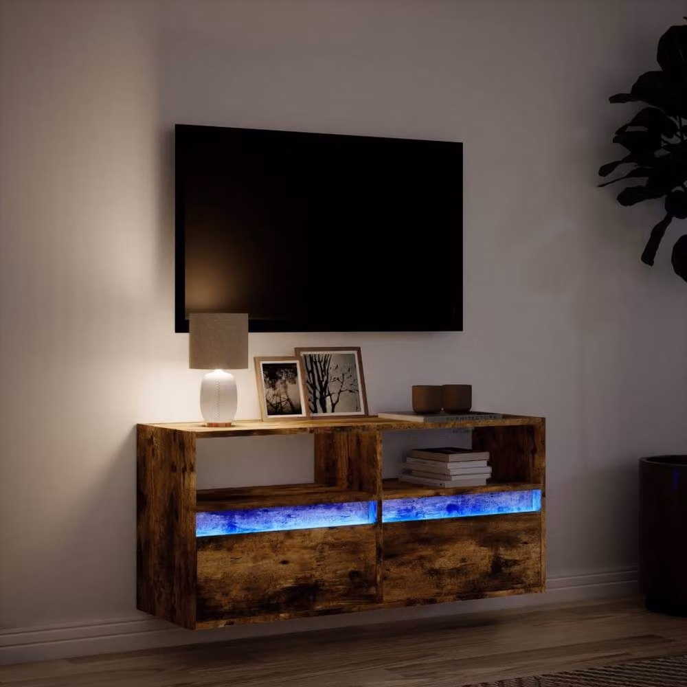 Berkfield Home Modern Wall Mounted TV Cabinet with Integrated LED Lights in Smoked Oak Brown, W/D/H: 100 x 31 x 45 cm – 4
