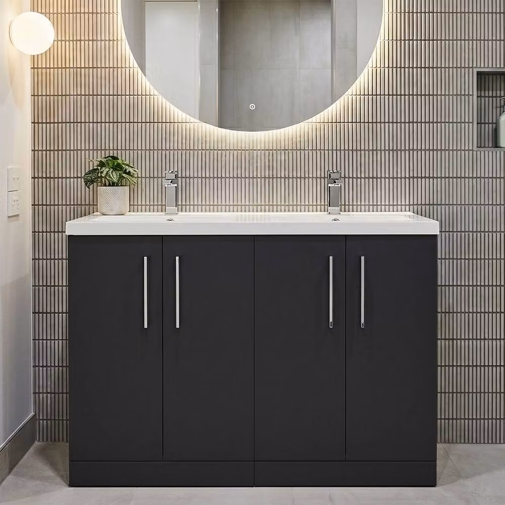Balterley Level 1200mm Modern Floor Standing 4 Door Bathroom Unit with 2 Basins and Handles in Matt Dark Grey – 3