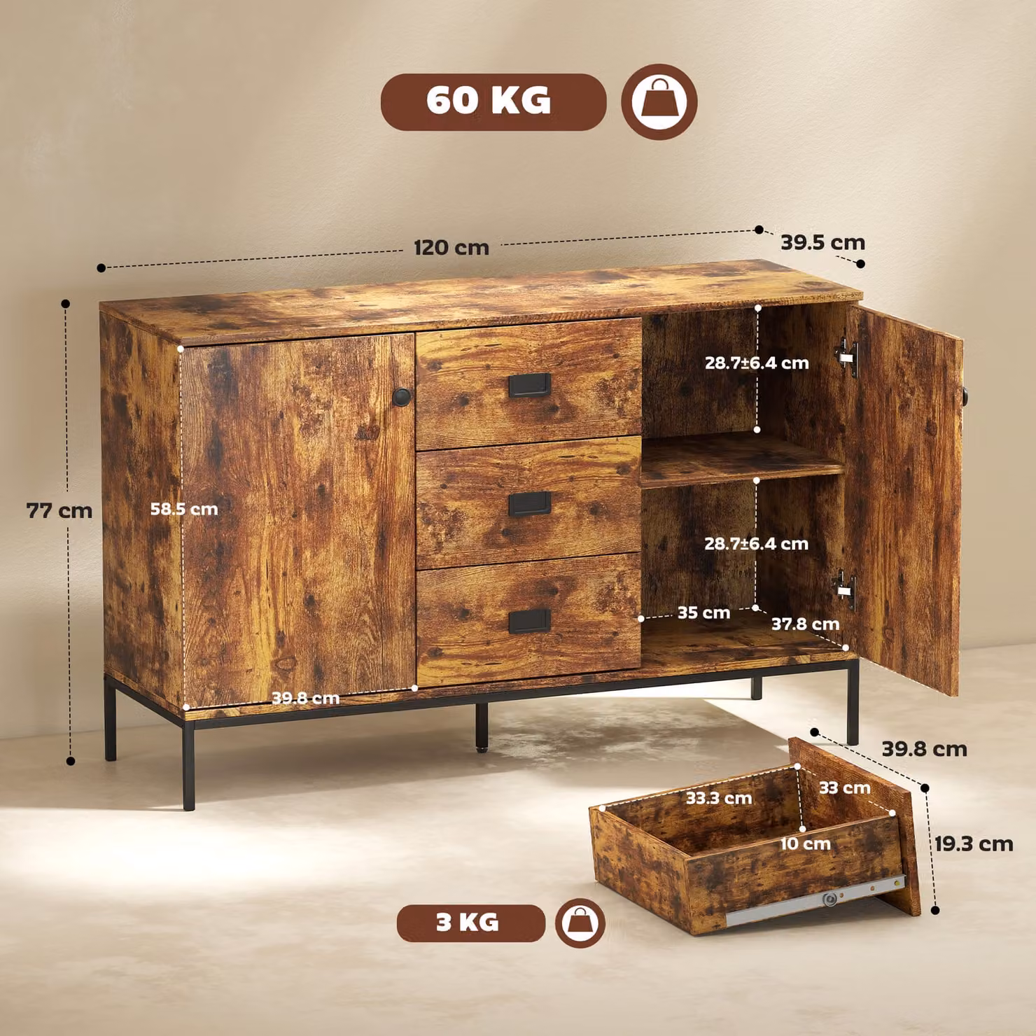 HOMCOM Modern Rustic Brown Sideboard with Black Metal Accents – 3