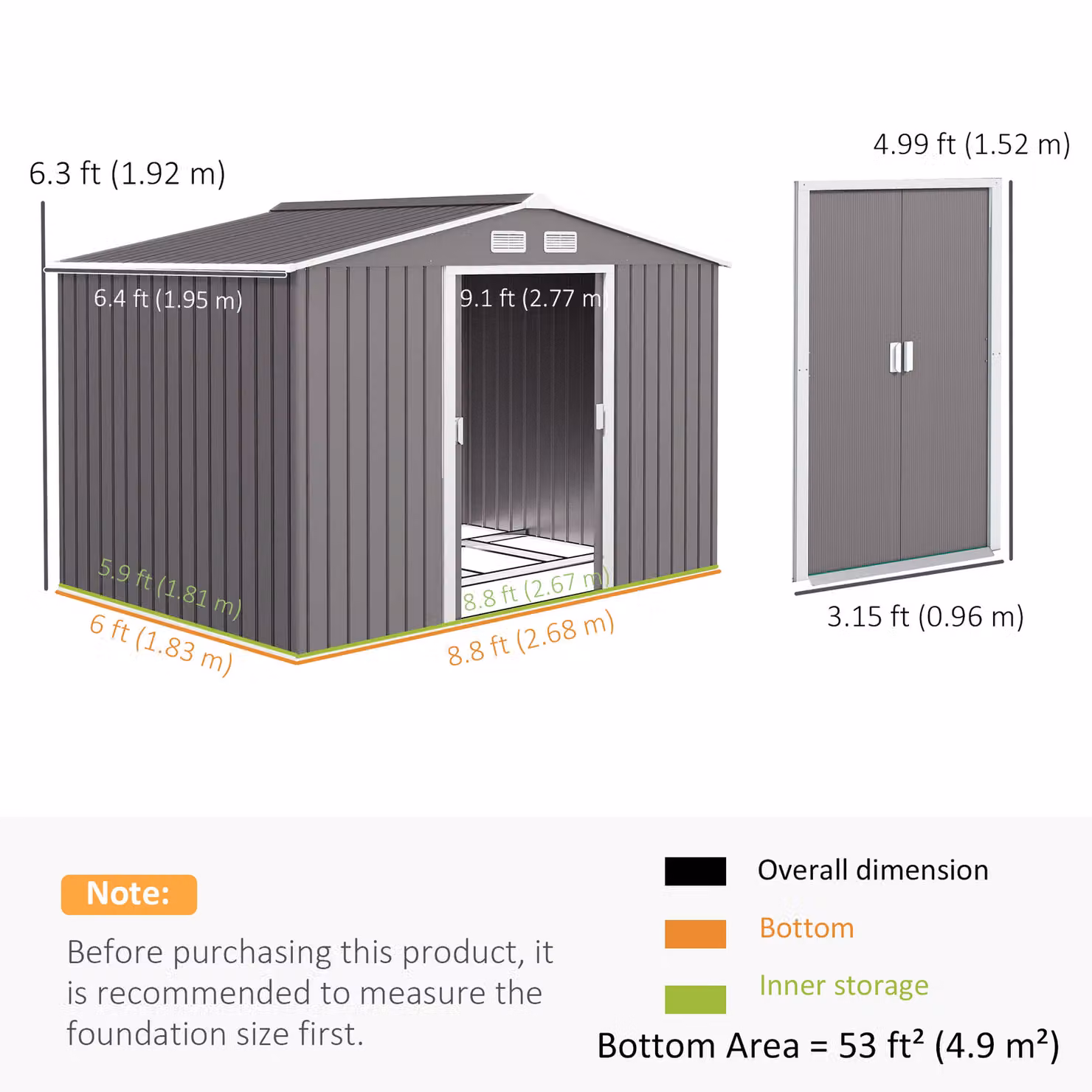 Outsunny Metal Garden Shed with Double Doors and Ventilation, Light Grey, W: 274 cm, D: 183 cm, H: 192 cm – 3