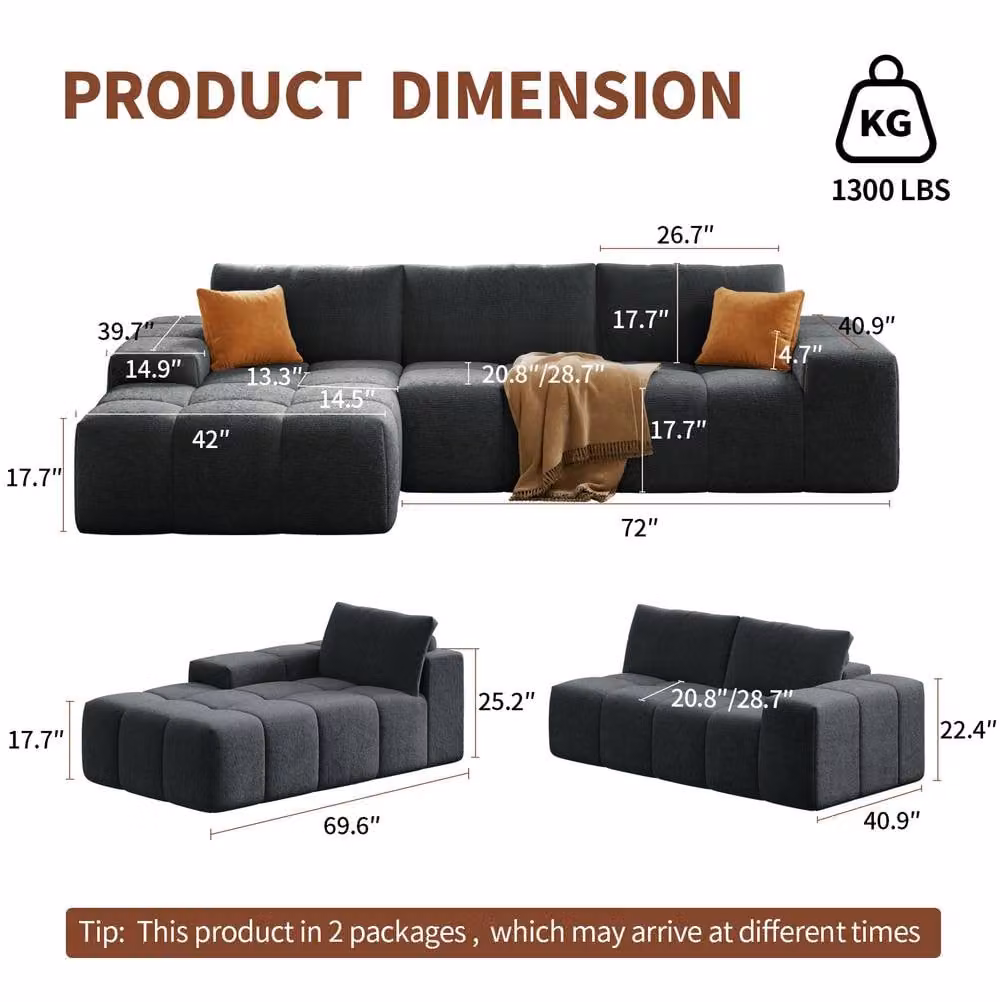 STILVORA L-Shaped Left-Facing Sofa in Black Chenille Fabric – 2