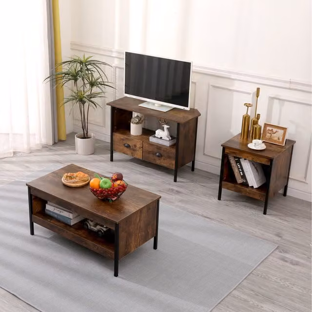 HMD Brown and Black Living Room Furniture Set with Coffee Table, Lamp Table and Corner TV Unit