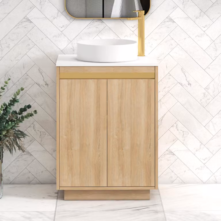 Royal Bathrooms Orion 2 Door Floor Standing Natural Oak Vanity Unit with Plain White Countertop Basin and Brushed Brass Accent Trim