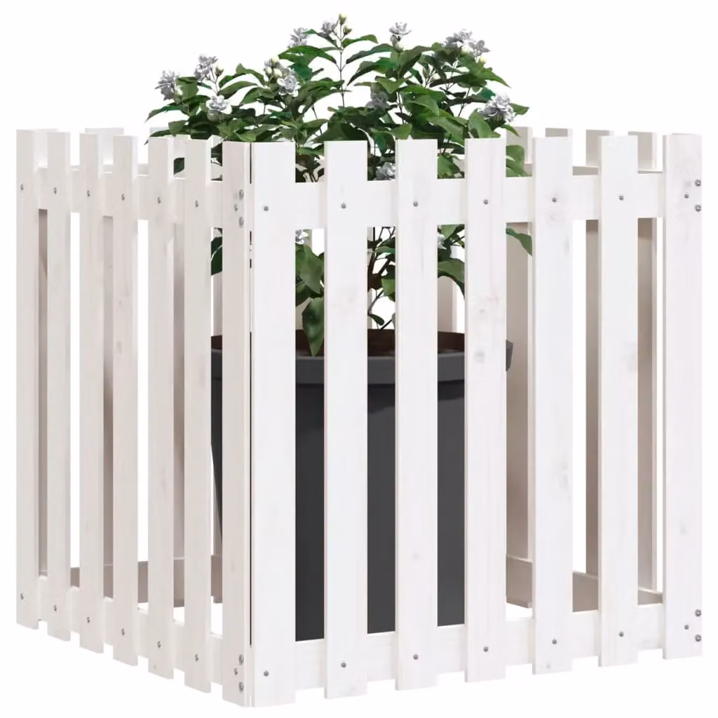 Berkfield Home Garden Planter with Fence Design in White, Solid Pine Wood, W/D/H: 70 x 70 x 70 cm – 2