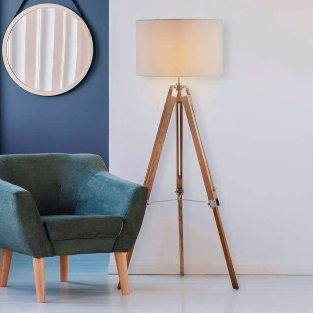 Lighting Collection Modern Floor Lamp with Wood Base and Beige Linen Shade in Brown