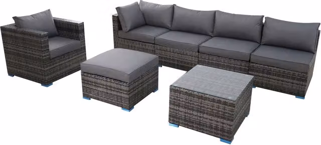 Furniture One 7 Piece Grey Polyrattan L-Shape Garden Sofa Set with Upholstered Cushions