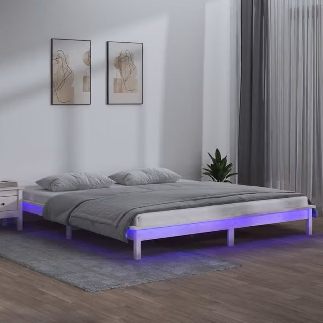 Berkfield Home White Solid Wood Super King Size LED Bed Frame with USB Charging Port, W/D/H: 180 x 200 cm – 1