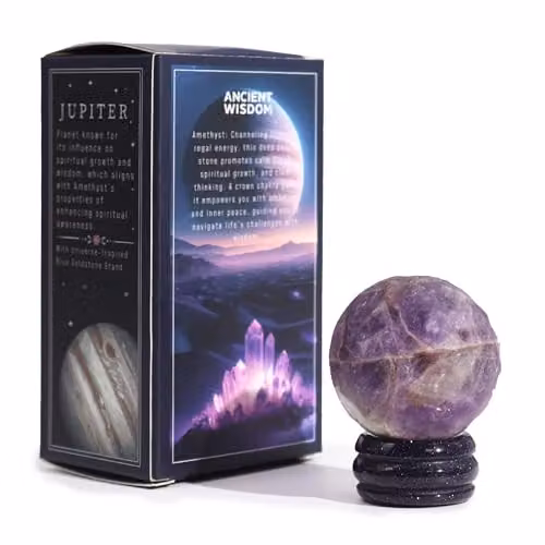 KDMD Jupiter Amethyst Sphere with Solar Goldstone Stand, Purple and Gold, Diameter: 4 cm