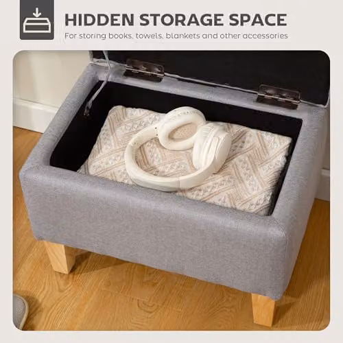 HOMCOM Linen Storage Ottoman with Padded Top and Rubberwood Legs, Grey, W/D/H: 49 x 33 x 36 cm – 3