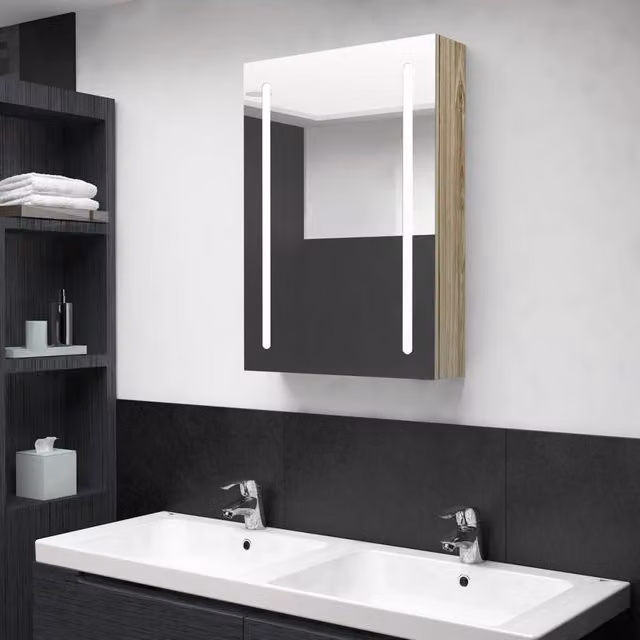 Berkfield Home LED Bathroom Mirror Cabinet in Brown Oak, W/D/H: 50 x 13 x 70 cm