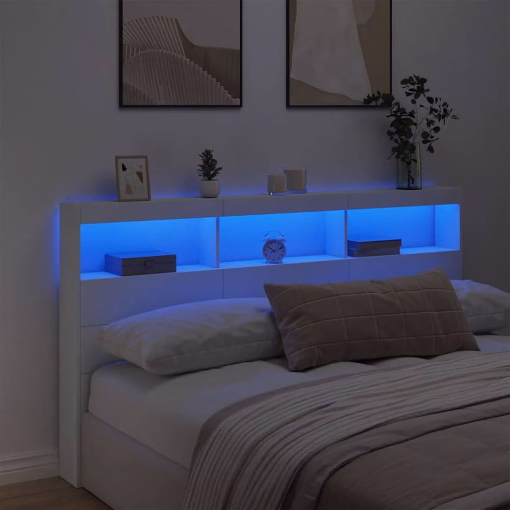 Berkfield Home Modern White Matt Headboard Cabinet with Integrated LED Lighting, USB Charging Port and Bedside Shelf, W: 180 cm, D: 17 cm, H: 102 cm – 3