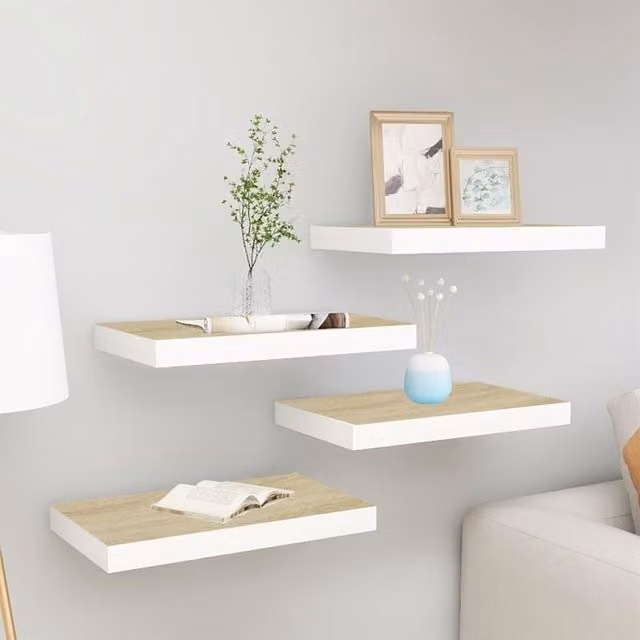 Berkfield Home Set of 4 Floating Wall Shelves in Oak and White, W: 40 cm, D: 23 cm, H: 3.8 cm