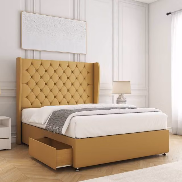 BSSPOKE Amelia King Size Divan Bed Set in Yellow Plush Velvet with 2 Drawers and 54 inch Headboard, W/D/H: 180 x 200 cm