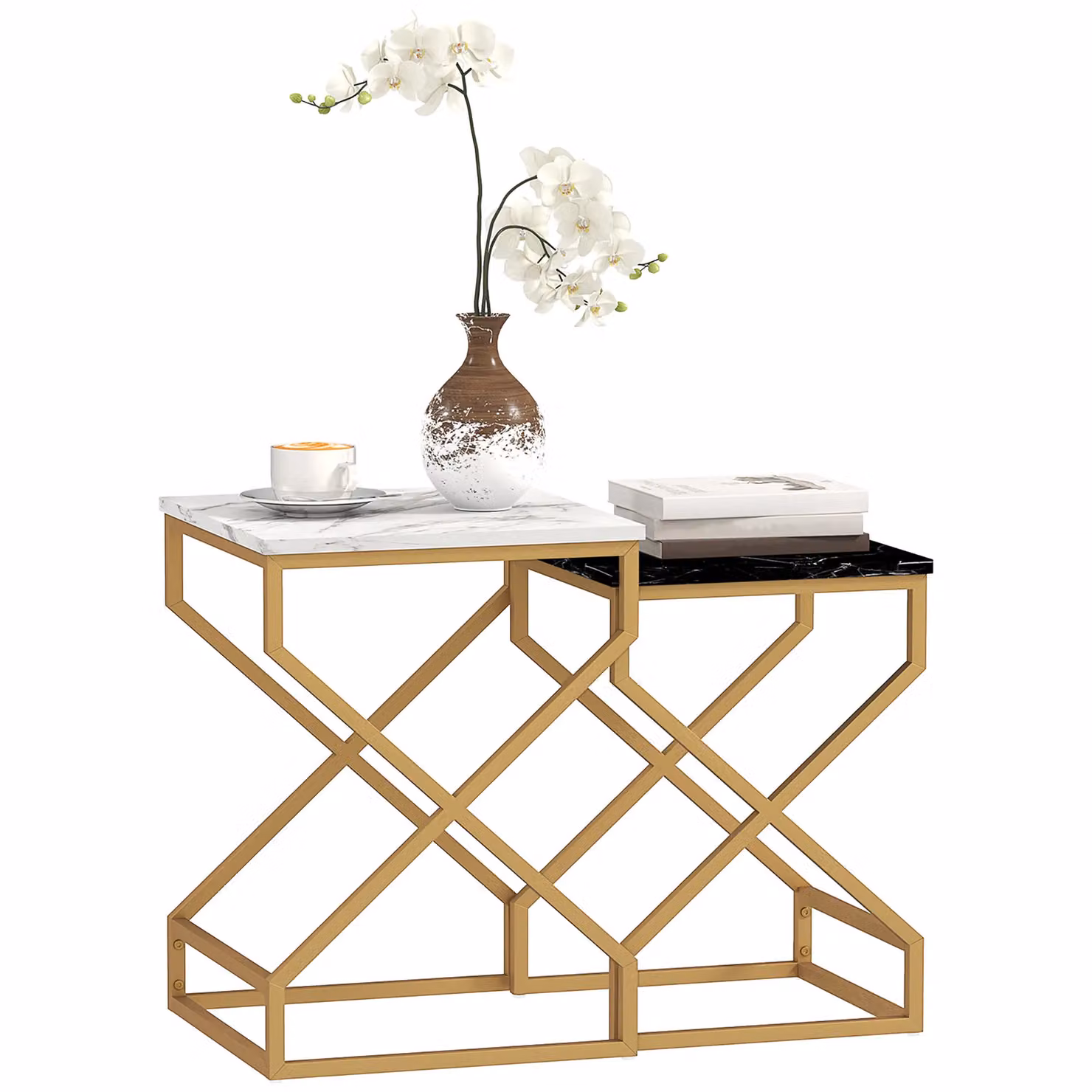 HOMCOM Nest of Tables Set of 2 with Marble-Effect Tops and Metal X-Frame in Black and White – 2