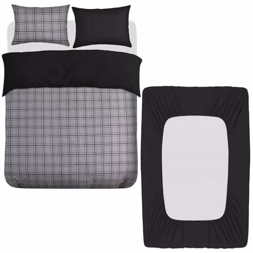 Grace 4 Piece Double Duvet Set with Matching Black Fitted Sheet in Grey, Reversible Breathable Microfibre Bedding Set – 1