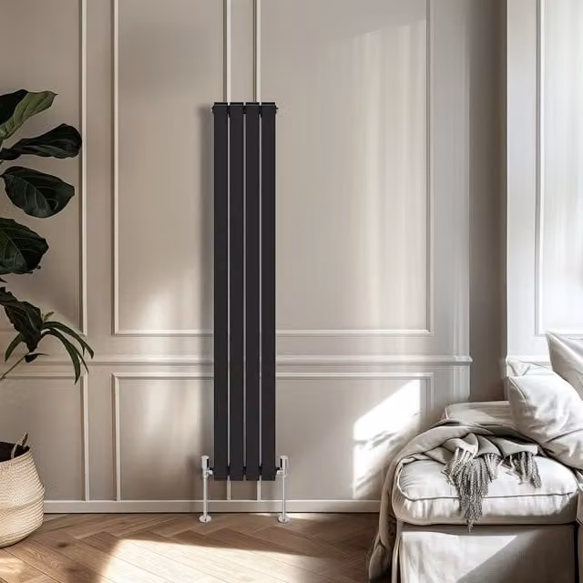 Right Radiators Double Panel Flat Panel Vertical Radiator in Black, Height: 160 cm, Width: 27.2 cm