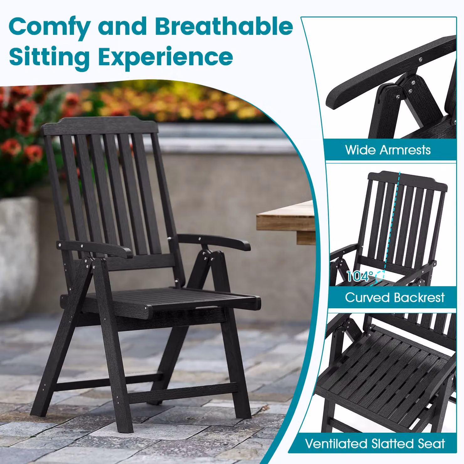 Gymax Folding All-Weather HDPE Outdoor Dining Chair with Armrests in Black – 3
