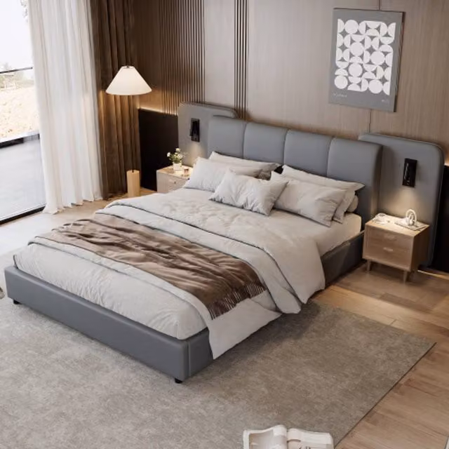 Matteo Upholstered Double Bed in Grey with USB Charging Port and Integrated Reading Light, W/D/H: 140 x 200 cm